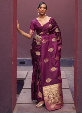 Purple Wedding Satin Silk Trendy Saree