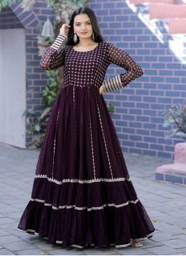 Purple Zari Georgette Readymade Gown