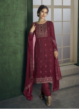 Radiant Embroidered Maroon Faux Georgette Designer Straight Suit