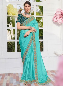 Radiant Satin Embroidered Blue Trendy Saree