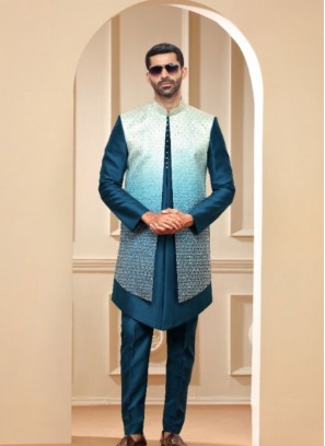 Rama Blue Shaded Raw Silk Indowestern Suit