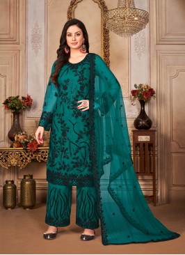 Rama Color Embroidered Work Net Semi Stitched Suit