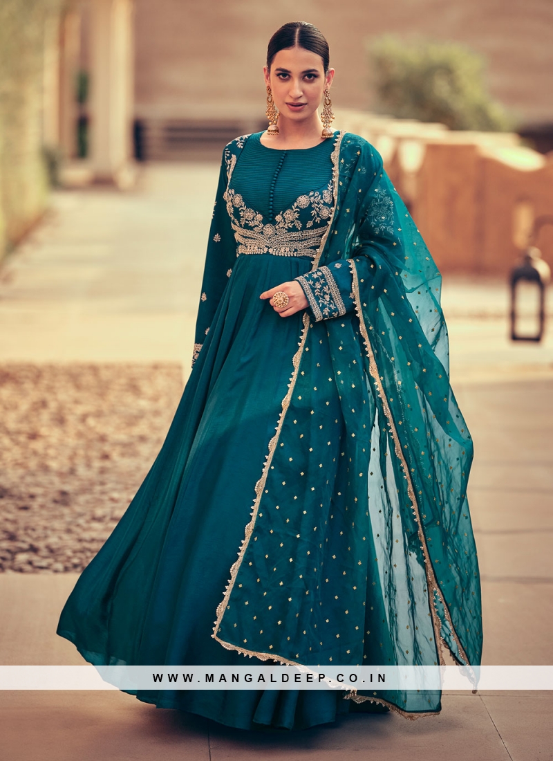 Pista Green Shaded Embroidered Gown