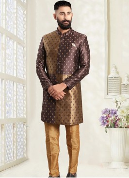 Wine & Chiku Fusion Elegance: Men's Indo-Western Ensemble.