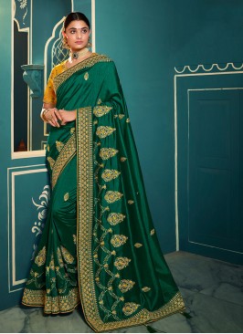 Rama Green Color Embroidered Fancy saree