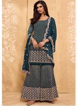 Rama Green Color Georgette Embroidered Sharara Dress