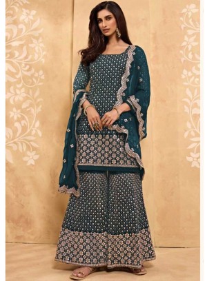 Rama Green Color Georgette Embroidered Sharara Dress