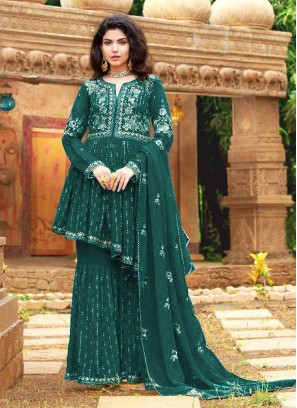 Rama Green Color Georgette Embroidered Sharara Suit