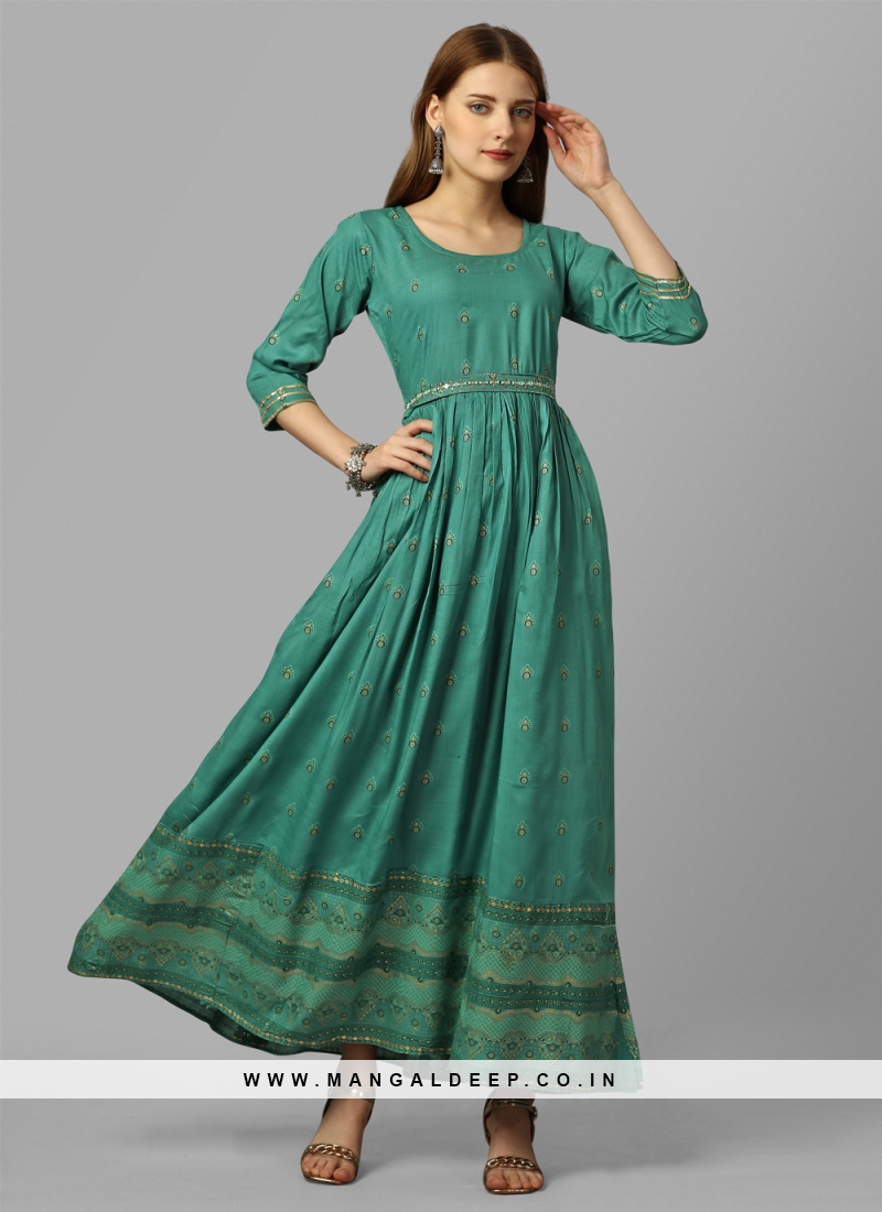 Rama Green and Navy Blue Silk Gown with Net Dupatta  https://www.sareessalwarkameez.com/rama-... | Indian gown design, Printed  gowns, Gowns
