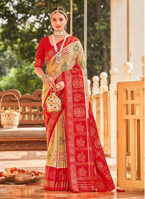 Ravishing Cotton Silk Beige Foil Print Contemporary Saree