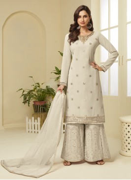 Ravishing Cream Resham Faux Georgette Designer Palazzo Salwar Kameez