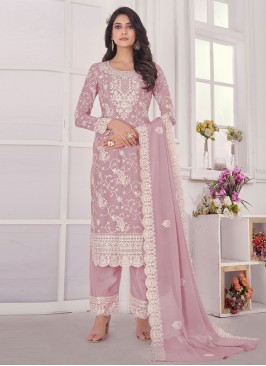 Ravishing Embroidered Chinon Lavender Pant Style Suit