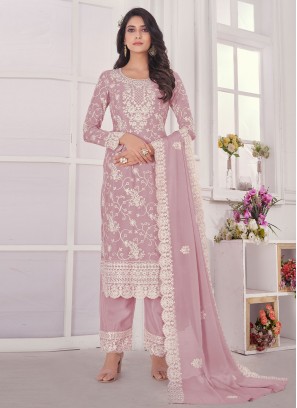 Ravishing Embroidered Chinon Lavender Pant Style Suit