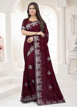 Ravishing Georgette Maroon Stone Work Trendy Saree