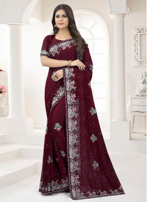 Ravishing Georgette Maroon Stone Work Trendy Saree