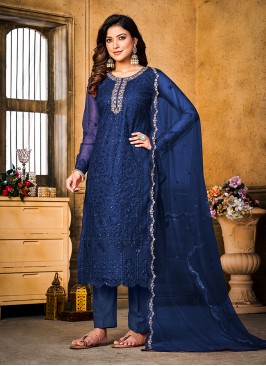 Ravishing Navy Blue Net Pant Style Suit