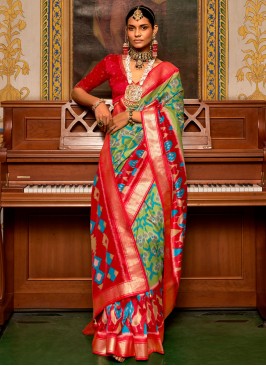 Ravishing Weaving Green and Red Patola Silk  Trendy Saree