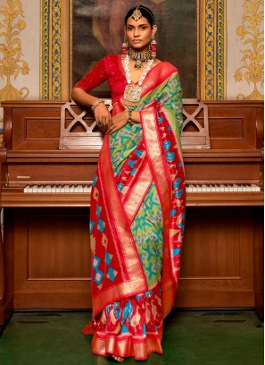 Ravishing Weaving Green and Red Patola Silk  Trendy Saree