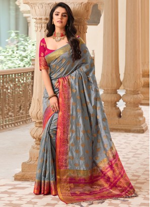 Raw Silk Grey Contemporary Saree