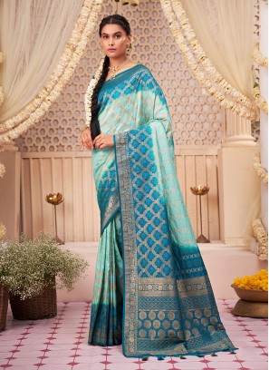 Raw Silk Party Wear Blue Color Woven Saree
