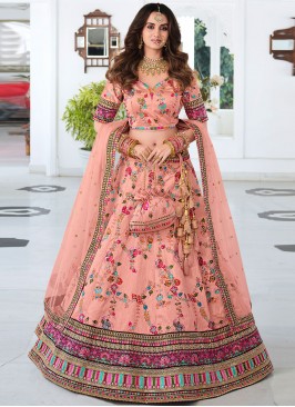 Raw Silk Peach Embroidered Designer Lehenga Choli