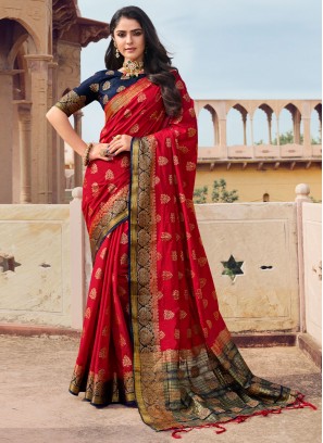 Raw Silk Woven Saree in Red