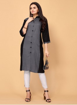 Rayon Buttons Party Wear Kurti in Grey