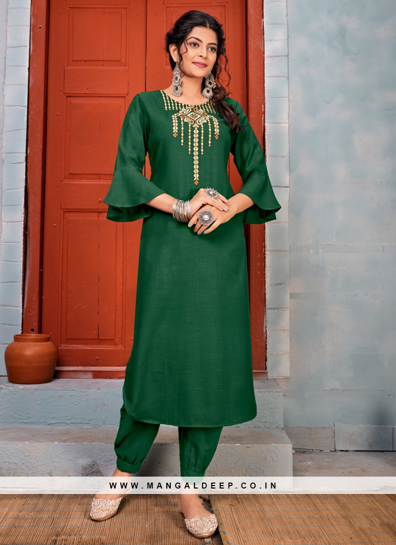 UGAM DESIGN Cotton Blend Straight Embroidered Dark Green Kurti For Women