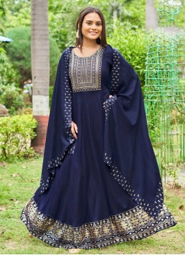 Rayon Embroidered Gown  in Navy Blue