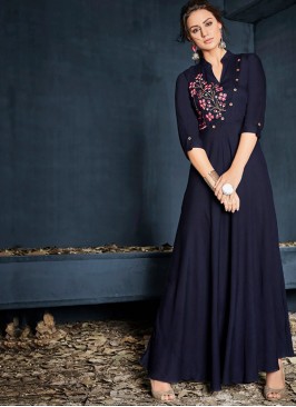 Rayon Embroidered Navy Blue Party Wear Kurti