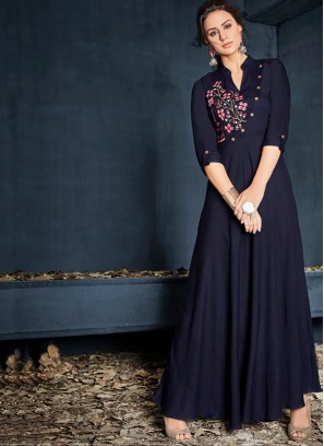 Rayon Embroidered Navy Blue Party Wear Kurti