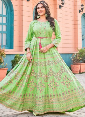 Rayon Green Embroidered Trendy Gown
