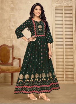 Rayon Green Foil Print Designer Gown