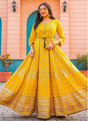 Rayon Print Yellow Gown 