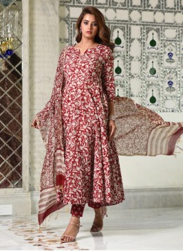 Rayon Printed Anarkali Salwar Suit in Maroon