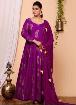 Rayon Purple Foil Print Gown 