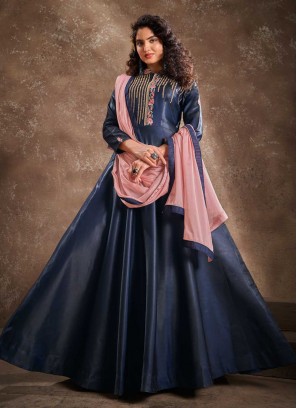 Readymade Anarkali Suit Embroidered Silk in Navy Blue