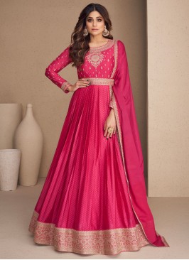 Readymade Gown Embroidered Chinon in Pink