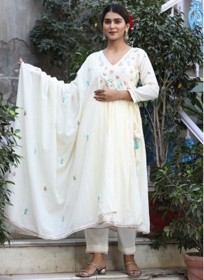 Readymade Salwar Kameez Embroidered Cotton in Off White