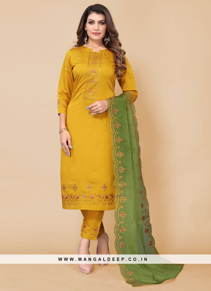 Readymade Salwar Suit Embroidered Chinon in Mustard