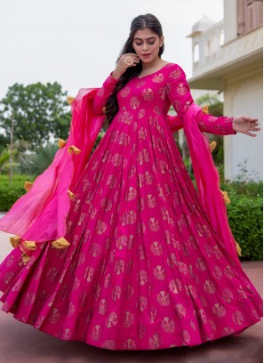 Readymade Suit Foil Print Rayon in Hot Pink