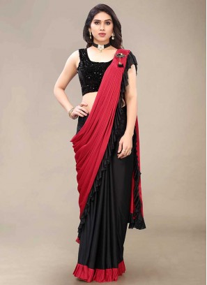Red And Black Color Frill Saree