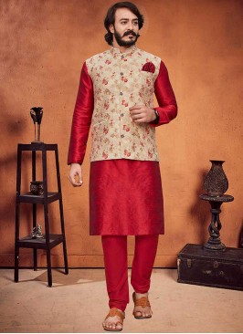 Red And Cream Color Kurta Jacket