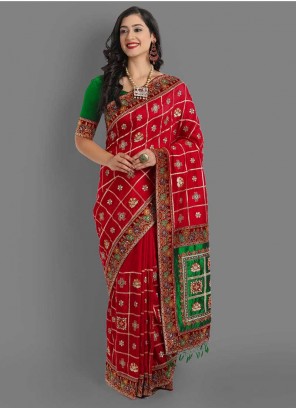 Red And Green Color Gujarati Panetar Saree