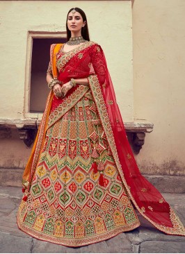 Red And Green Color Silk Lehenga