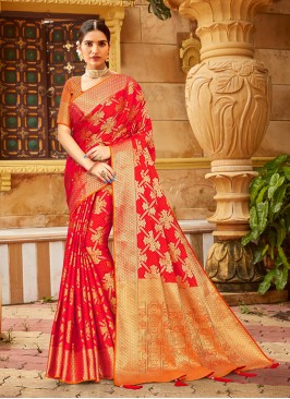 Red And Orange Color Party Wear Silk Saree
