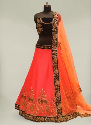 Red And Orange Color Silk Lehenga For Bridal