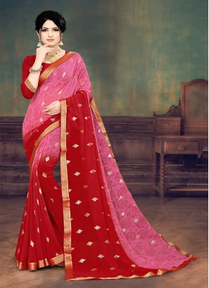 Red And Pink Color Printed Saree