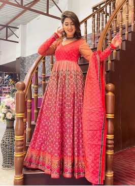 Red And Pink Digital Printed Floor Length Gown