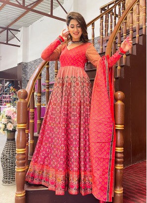 Red And Pink Digital Printed Floor Length Gown